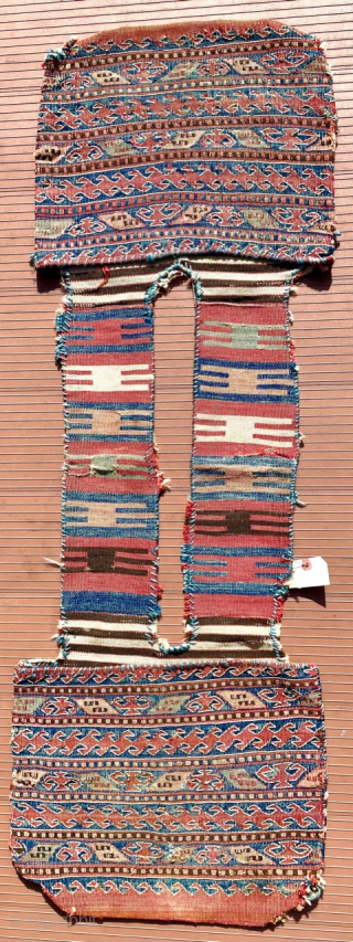 An Antique Anatolian kilim Heybe (double bag), probably from western Anatolia.  Size overall is 51 inches (130 cm) long by 18 (46 cm) inches wide. Each bag is about 14 x  ...