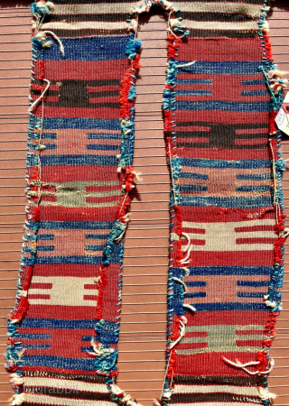 An Antique Anatolian kilim Heybe (double bag), probably from western Anatolia.  Size overall is 51 inches (130 cm) long by 18 (46 cm) inches wide. Each bag is about 14 x  ...