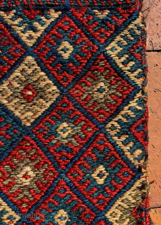 Complete Kurdish salt bag, with unusually wide, short neck. Latter part of 19th Century.  Size is 20 inches high, 14 inches (wide (51 cm x 36 cm). Front mostly in weft-float  ...