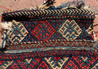 Complete Kurdish salt bag, with unusually wide, short neck. Latter part of 19th Century.  Size is 20 inches high, 14 inches (wide (51 cm x 36 cm). Front mostly in weft-float  ...