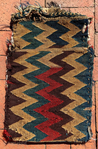 Complete Kurdish salt bag, with unusually wide, short neck. Latter part of 19th Century.  Size is 20 inches high, 14 inches (wide (51 cm x 36 cm). Front mostly in weft-float  ...