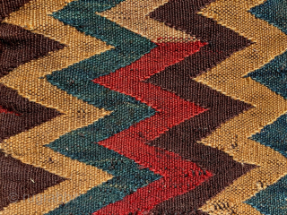 Complete Kurdish salt bag, with unusually wide, short neck. Latter part of 19th Century.  Size is 20 inches high, 14 inches (wide (51 cm x 36 cm). Front mostly in weft-float  ...
