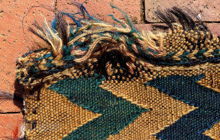 Complete Kurdish salt bag, with unusually wide, short neck. Latter part of 19th Century.  Size is 20 inches high, 14 inches (wide (51 cm x 36 cm). Front mostly in weft-float  ...
