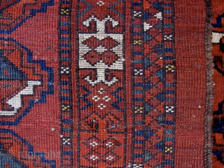 Ersari Turkmen chuval face with staggered rows of chuval guls, no secondary guls. Late 19th c. Generous size--35" x 58" (98cm x 147cm). Good condition. Rich stable vegetal dyes. Good pile all  ...