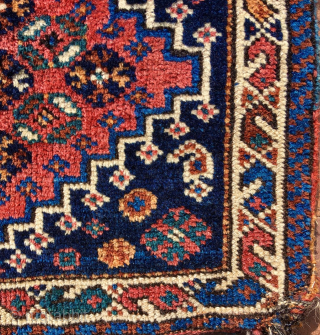 Pretty southwest Persian small Bag, most likely Luri. 16” x 17” (41 cm x 43 cm).,  Pile face.  Flatweave back with a complex brocade design. closure panels with brocade designs.  ...