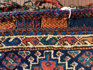 Pretty southwest Persian small Bag, most likely Luri. 16” x 17” (41 cm x 43 cm).,  Pile face.  Flatweave back with a complex brocade design. closure panels with brocade designs.  ...