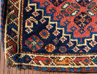 Pretty southwest Persian small Bag, most likely Luri. 16” x 17” (41 cm x 43 cm).,  Pile face.  Flatweave back with a complex brocade design. closure panels with brocade designs.  ...