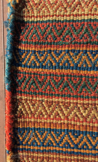 Pretty southwest Persian small Bag, most likely Luri. 16” x 17” (41 cm x 43 cm).,  Pile face.  Flatweave back with a complex brocade design. closure panels with brocade designs.  ...