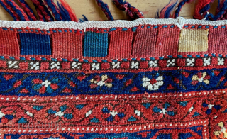 Antique Kurd bag (half khorjin), complete with flatweave back, but side seams open   Probably from northwestern Persia, late 19th C.  Face is 23 inches (59 cm) wide and 22  ...
