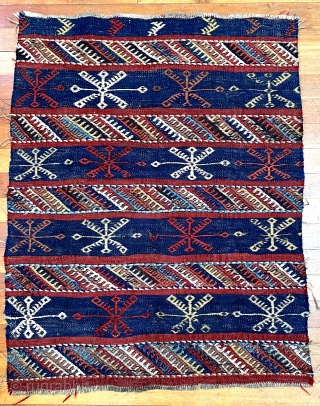 Kurd flatweave—probably a large deep bag face (cuval).  33” x 26” (84 cm x 66 cm).  Superb colors.  Tapestry weave ground with bands of designs in various weft-wrapping patterns.  ...