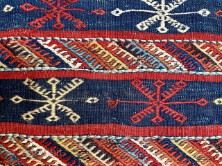 Kurd flatweave—probably a large deep bag face (cuval).  33” x 26” (84 cm x 66 cm).  Superb colors.  Tapestry weave ground with bands of designs in various weft-wrapping patterns.  ...