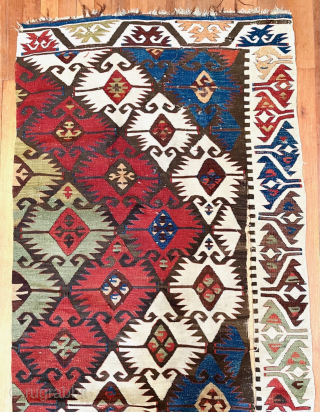 Antique Anatolian Kilim fragment.  34 inches wide, 96 inches long (86 cm x 244 cm).  Bold design, bright natural colors.  Small areas of wear to black (apparently corrosive black  ...