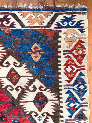 Antique Anatolian Kilim fragment.  34 inches wide, 96 inches long (86 cm x 244 cm).  Bold design, bright natural colors.  Small areas of wear to black (apparently corrosive black  ...