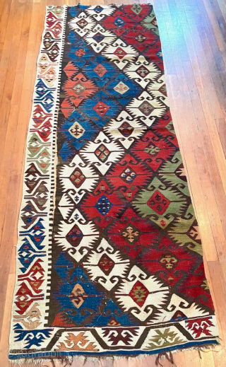 Antique Anatolian Kilim fragment.  34 inches wide, 96 inches long (86 cm x 244 cm).  Bold design, bright natural colors.  Small areas of wear to black (apparently corrosive black  ...