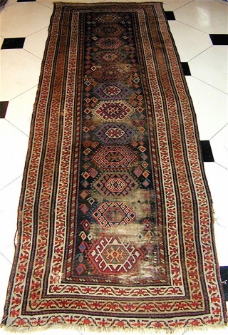 KURD long rug/runner, Jaff or Sanjabi.  128" x 44" (325cm x 110cm).  two pairs of human figures.  Good colors, all natural. The field is virtually all offset knotting.   ...