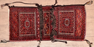 Tekke Turkmen khorjin, complete and in excellent condition.  Overall dimensions 35” x 16” (89 cm x 41 cm).  Each pile face about 16” x 14“ (41 cm x 36 cm).  ...