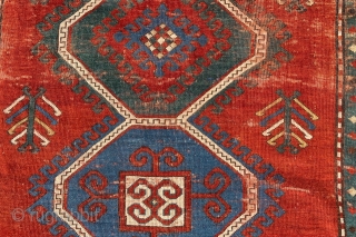 An attractive late 19th Century 3-medallion Kazak.  Generous size—86” x 58” (219 cm x 147 cm).  Some decent pile in borders to low pile over most of the field, with  ...