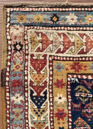 Caucasian rug.  Has deep, dense pile like a Kazak, with design that seems more like Gendje.  88” x 42” (224 cm x 107 cm).  Pile is very good, thick,  ...