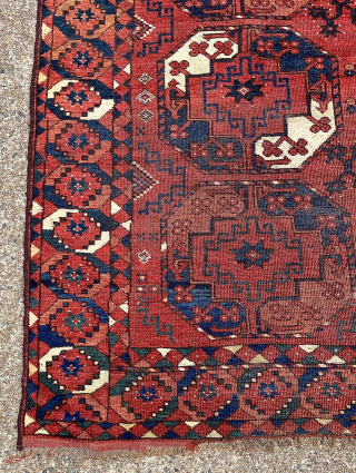 Antique Ersari Turkmen Carpet, second half 19th century. Dimensions are 99 inches by 82 inches ( 251 cm x 208 cm) or 8’3” x 6’10”. Unusual main border design—medallions composed of ...
