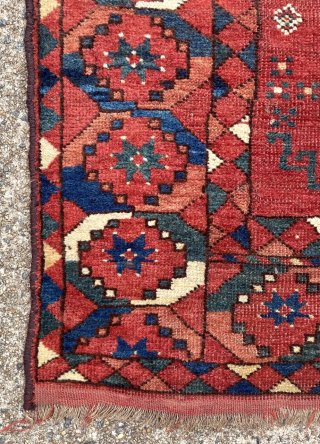 Antique Ersari Turkmen Carpet, second half 19th century. Dimensions are 99 inches by 82 inches ( 251 cm x 208 cm) or 8’3” x 6’10”. Unusual main border design—medallions composed of ...