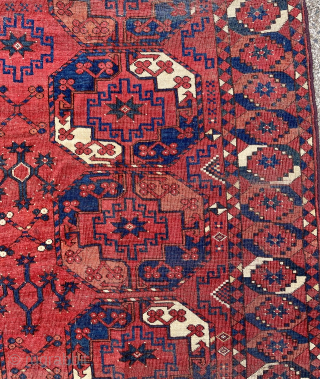 Antique Ersari Turkmen Carpet, second half 19th century. Dimensions are 99 inches by 82 inches ( 251 cm x 208 cm) or 8’3” x 6’10”. Unusual main border design—medallions composed of ...