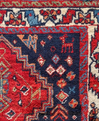 A Persian Afshar khorjin face. Most likely early 20 C.---it has cotton warps.   Size is  27” x 26” (69 cm x 66 cm).   Very good condition. Vibrant  ...