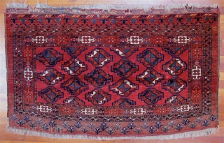 Ersari Turkmen chuval with staggered chuval guls, no secondaries.  Late 19th C.  Generous size--35" x 58" (98cm x 147cm).  Good condition.  Good pile all over.   All  ...