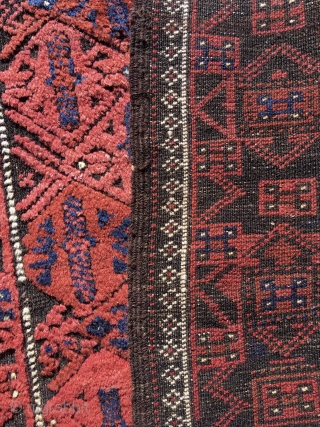 Baluch rug.  53” x 28” (135 cm x 72 cm)(Width varies). Very attractive little rug in good condition.  The surface appears embossed because the black is corrosive and worn shorter,  ...