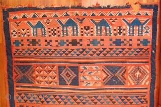 Old Gafsa Tunisian kilim. Nearly square—86 inches long and 87 inches wide (219 x 221 cm).  Some fraying and notches at the ends, and some small holes, due mainly to the  ...