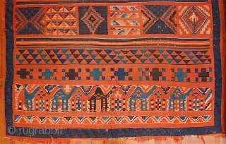 Old Gafsa Tunisian kilim. Nearly square—86 inches long and 87 inches wide (219 x 221 cm).  Some fraying and notches at the ends, and some small holes, due mainly to the  ...