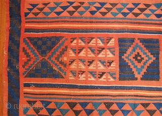 Old Gafsa Tunisian kilim. Nearly square—86 inches long and 87 inches wide (219 x 221 cm).  Some fraying and notches at the ends, and some small holes, due mainly to the  ...