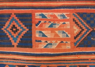 Old Gafsa Tunisian kilim. Nearly square—86 inches long and 87 inches wide (219 x 221 cm).  Some fraying and notches at the ends, and some small holes, due mainly to the  ...