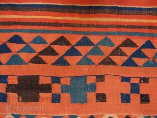 Old Gafsa Tunisian kilim. Nearly square—86 inches long and 87 inches wide (219 x 221 cm).  Some fraying and notches at the ends, and some small holes, due mainly to the  ...