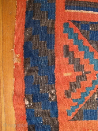 Old Gafsa Tunisian kilim. Nearly square—86 inches long and 87 inches wide (219 x 221 cm).  Some fraying and notches at the ends, and some small holes, due mainly to the  ...