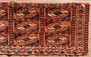 TEKKE TURKMEN MAFRASH WITH OCTAGONAL GULS. 31” X 10.5” (79 cm x 27 cm). 19th C. Edges are not complete and are overcast with red yarn (beginning to separate in a couple  ...