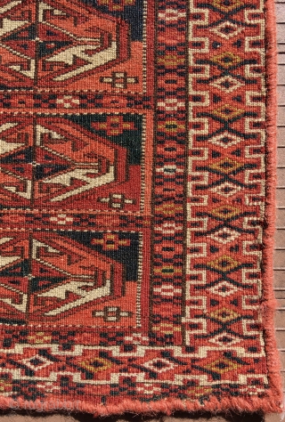 TEKKE TURKMEN MAFRASH WITH OCTAGONAL GULS. 31” X 10.5” (79 cm x 27 cm). 19th C. Edges are not complete and are overcast with red yarn (beginning to separate in a couple  ...