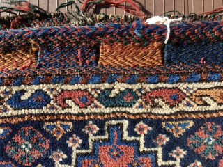 Southwest Persian Bag, most likely Luri. 16” x 17” (41 cm x 43 cm).,  Pile face, complex brocade design on back, and brocade decorated closure panels.  Beautiful colors, good pile,  ...