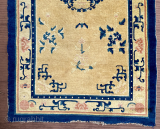 Small Chinese rug—57 in x 31 in (145 cm x 78 cm). Probably early 20th C.  Attractive rug with nice soft colors and great condition. Relatively thin rug, originally with short  ...