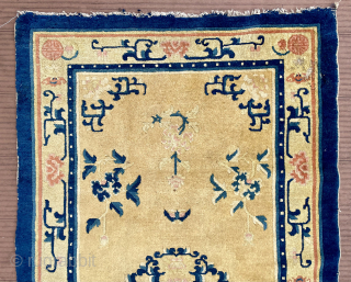 Small Chinese rug—57 in x 31 in (145 cm x 78 cm). Probably early 20th C.  Attractive rug with nice soft colors and great condition. Relatively thin rug, originally with short  ...