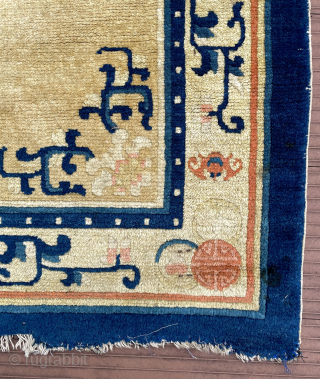 Small Chinese rug—57 in x 31 in (145 cm x 78 cm). Probably early 20th C.  Attractive rug with nice soft colors and great condition. Relatively thin rug, originally with short  ...