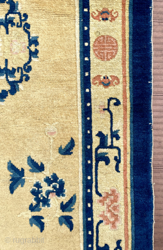 Small Chinese rug—57 in x 31 in (145 cm x 78 cm). Probably early 20th C.  Attractive rug with nice soft colors and great condition. Relatively thin rug, originally with short  ...