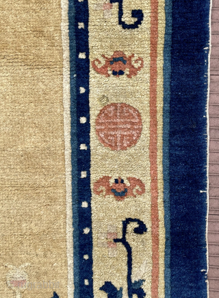 Small Chinese rug—57 in x 31 in (145 cm x 78 cm). Probably early 20th C.  Attractive rug with nice soft colors and great condition. Relatively thin rug, originally with short  ...