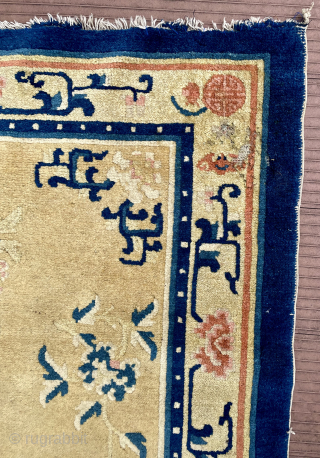 Small Chinese rug—57 in x 31 in (145 cm x 78 cm). Probably early 20th C.  Attractive rug with nice soft colors and great condition. Relatively thin rug, originally with short  ...