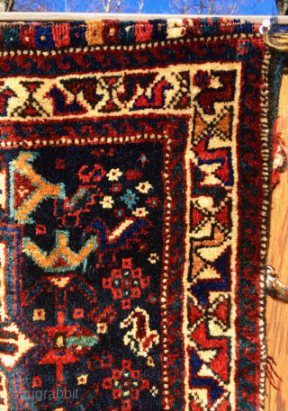 S. W. Persian Khamseh Confederacy bag (half khorjin).    Pile face is 23” x 28” (59 cm x 71 cm).  ,  Glossy ,soft pile all over, except for  ...