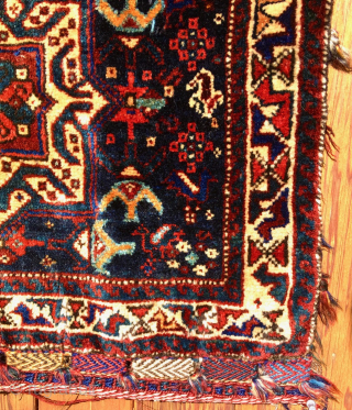 S. W. Persian Khamseh Confederacy bag (half khorjin).    Pile face is 23” x 28” (59 cm x 71 cm).  ,  Glossy ,soft pile all over, except for  ...