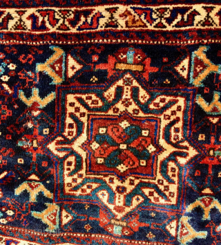 S. W. Persian Khamseh Confederacy bag (half khorjin).    Pile face is 23” x 28” (59 cm x 71 cm).  ,  Glossy ,soft pile all over, except for  ...
