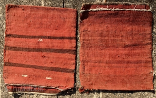 A pair of saddlebags (separated khorjin), most likely Kurdish.   Each approximately 21” x 18” (54 cm x 46 cm).   Good colors.  Mostly good pile, some wear toward  ...