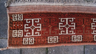 antique 1880 Ersari Germech.  The Germech is a decorative strip which was fastened over the threshold below the Ensi. Its design repeats the elem panel of the Ensi. Such pieces are  ...