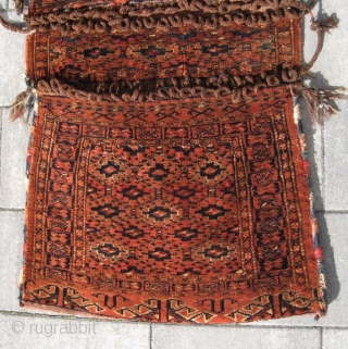 Rare complete Yomut Yomud Turkoman khorjin, saddle bag in great condition with all natural dyes and soft wool. No holes, no stains, no tears. (hole in flatwoven back, picture)
The piece shows a  ...