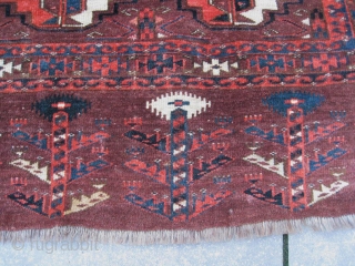 Fine 19th century Yomud group chuval ,or maybe Arabachi? in excellent condition, full pile, no damages and all natural colors. The piece shows in a violet-brown groundcolor nine magnificent orange-white chuval guls  ...